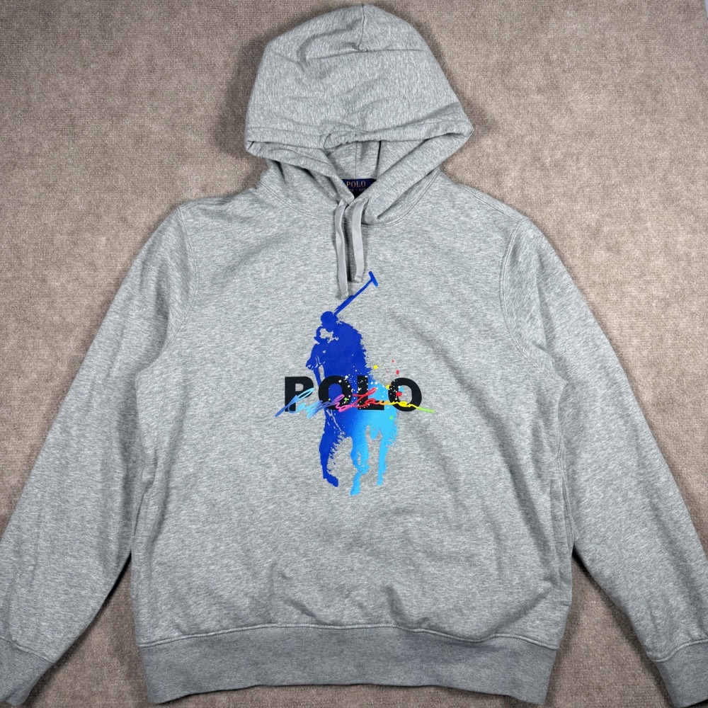Polo Ralph Lauren Men's Size L Gray Hoodie Colorful Ombre Polo Logo Pullover